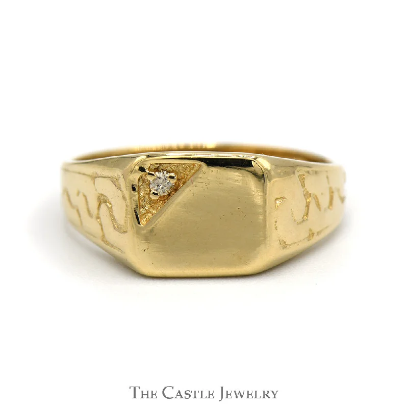 Unique Promise Ring-Diamond Accented Signet Ring with Nugget Sides in 14k Yellow Gold