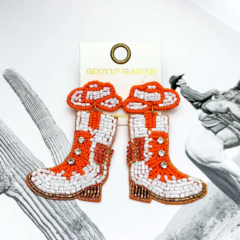 Boho Hoop Earrings-Gameday Cowgirl Beaded Hat and Boot Earrings in Orange and White