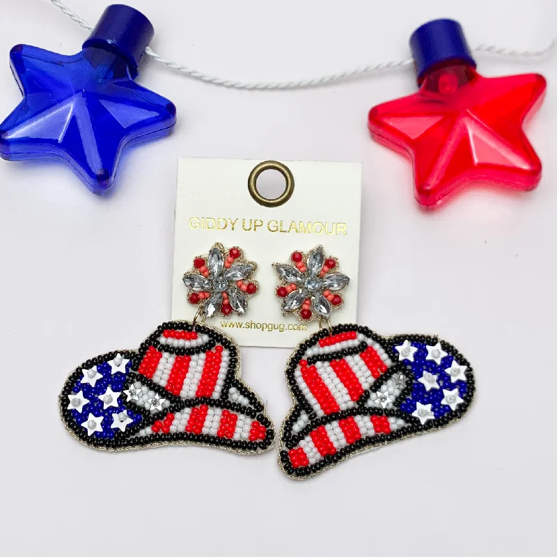 Sterling Silver Earrings for Women-Patriotic Cowboy Hat Beaded Earrings