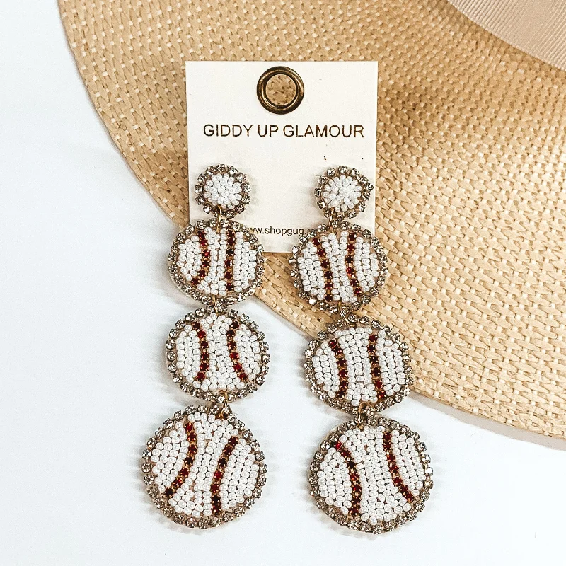 Dainty Gold Earrings-Three Tiered Baseball Beaded Post Back Earrings in White