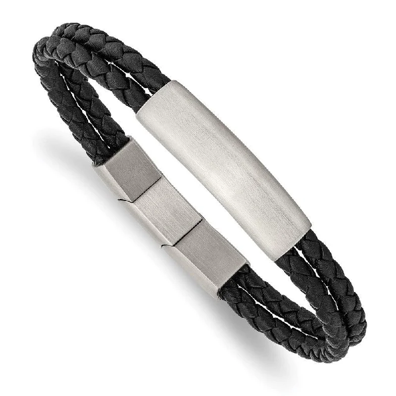 Customizable Name Bracelet-Stainless Steel Brushed Braided Black Leather w/.5in ext 8in Bracelet