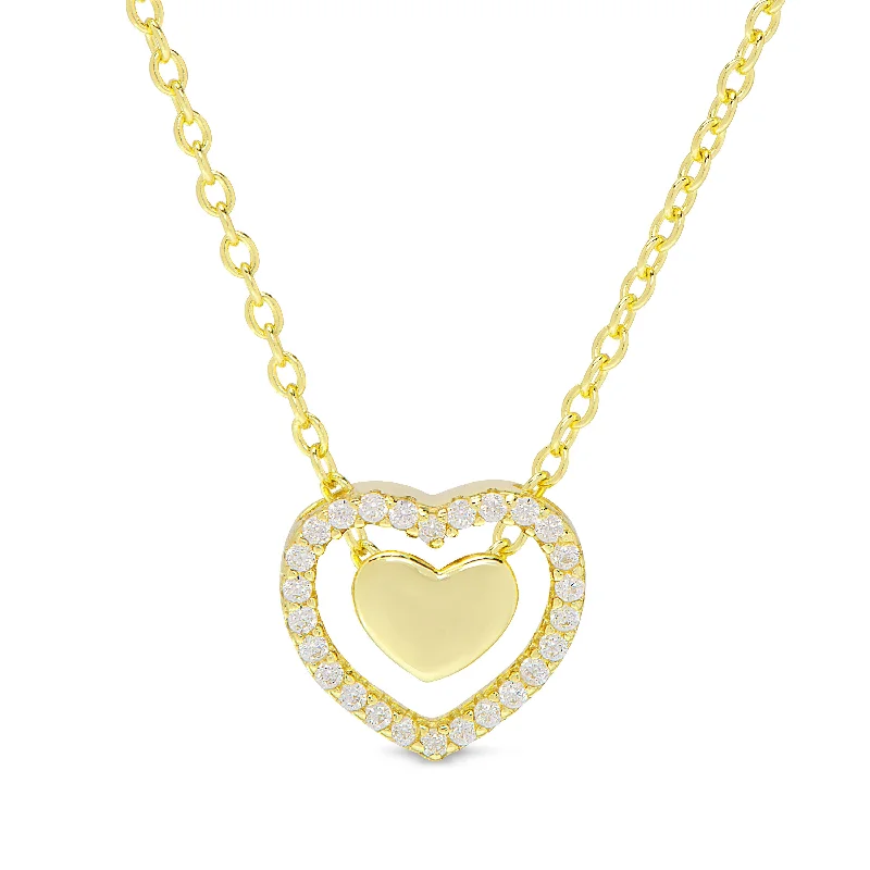 Statement Necklace with Pearls-CZ Halo and Gold Heart Necklace in 18k Gold over Sterling Silver