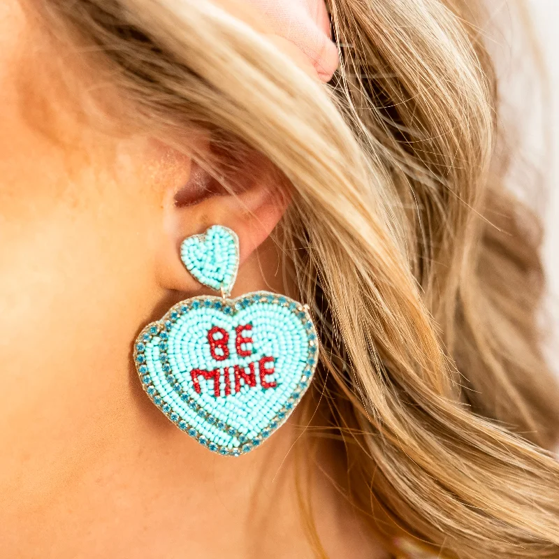 Large Stud Earrings-Be Mine Beaded Conversation Hearts Earrings in Light Blue