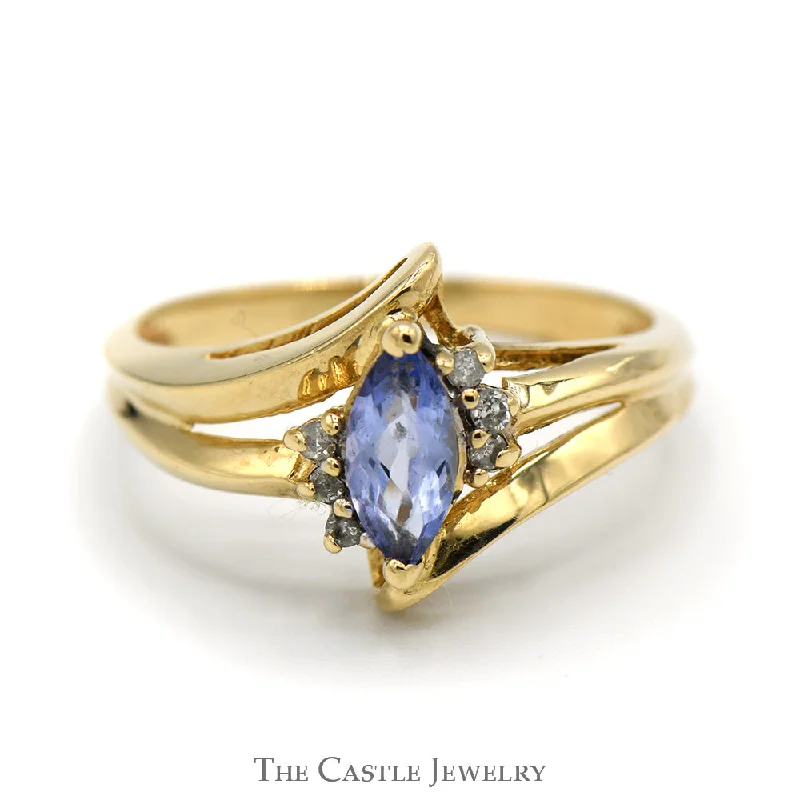 Vintage Silver Ring-Marquise Shaped Tanzanite Ring with Diamond Accents and Split Shank Sides in 14k Yellow Gold