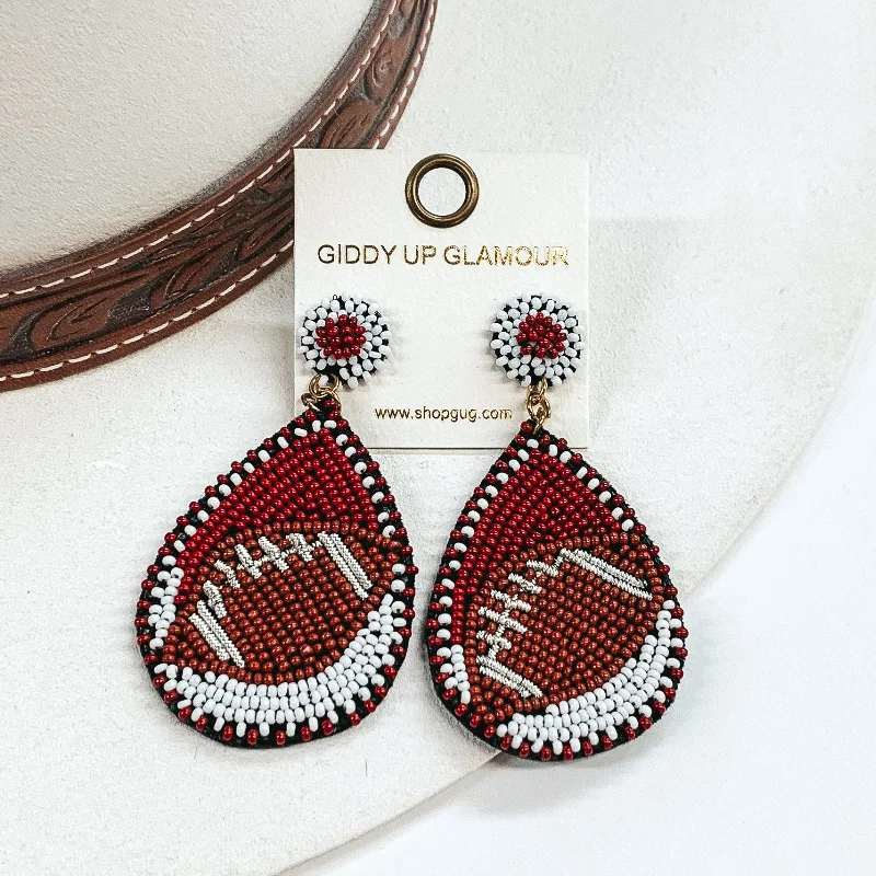 Unique Gold Earrings-Game Day Ready Beaded Teardrop Earrings in Brown and White