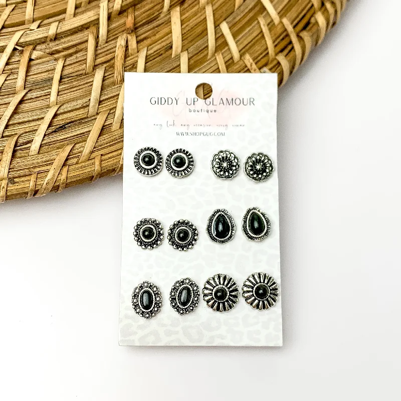 Sparkling Silver Earrings-Set of Six | Black and Silver Tone Designed Stud Earrings