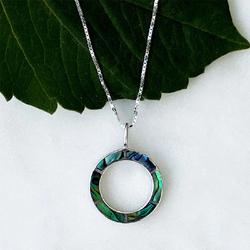 Beautiful Gold Pendant Necklace-Abalone Inlay Circle Necklace - Sterling Silver, Indonesia