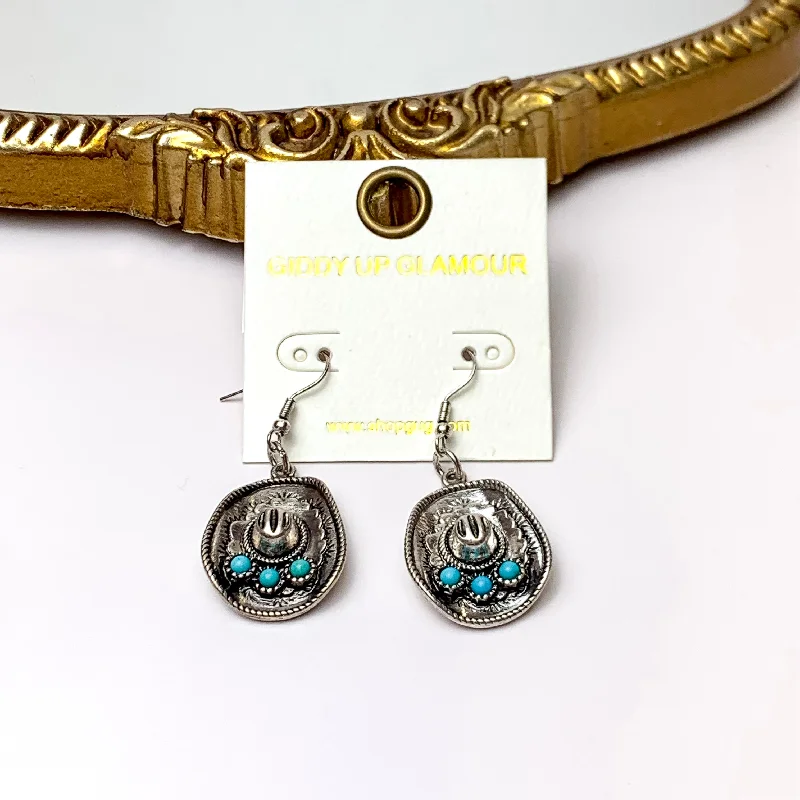 Classic Dangle Earrings-Cowboy Hat Earrings in Silver Tone and Turquoise Blue