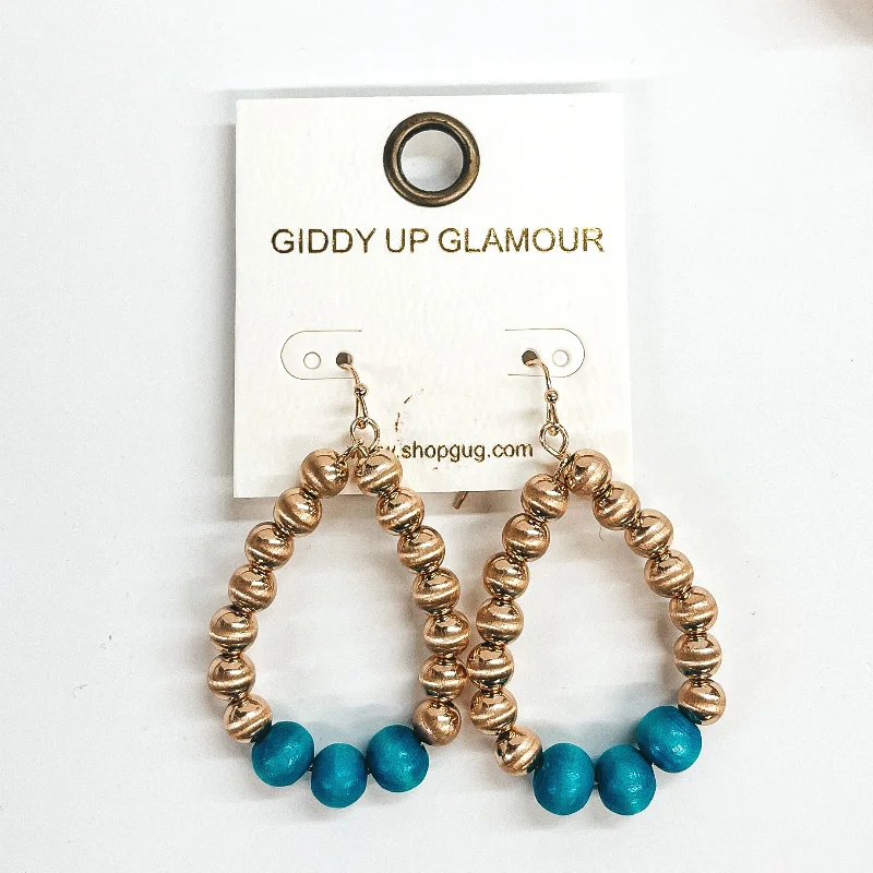 Handmade Earrings for Weddings-Gold Beaded Teardrop Earrings with Wood Beads in Turquoise