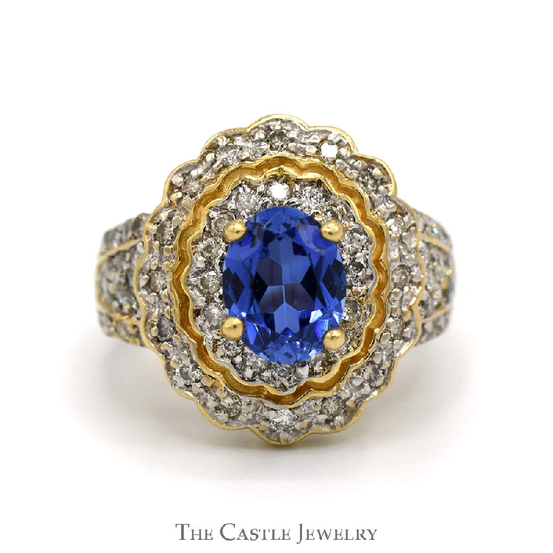 Custom Birthstone Ring-Oval Tanzanite Ring with 3/4cttw Diamond Accented Sides and Halo in 14k Yellow Gold