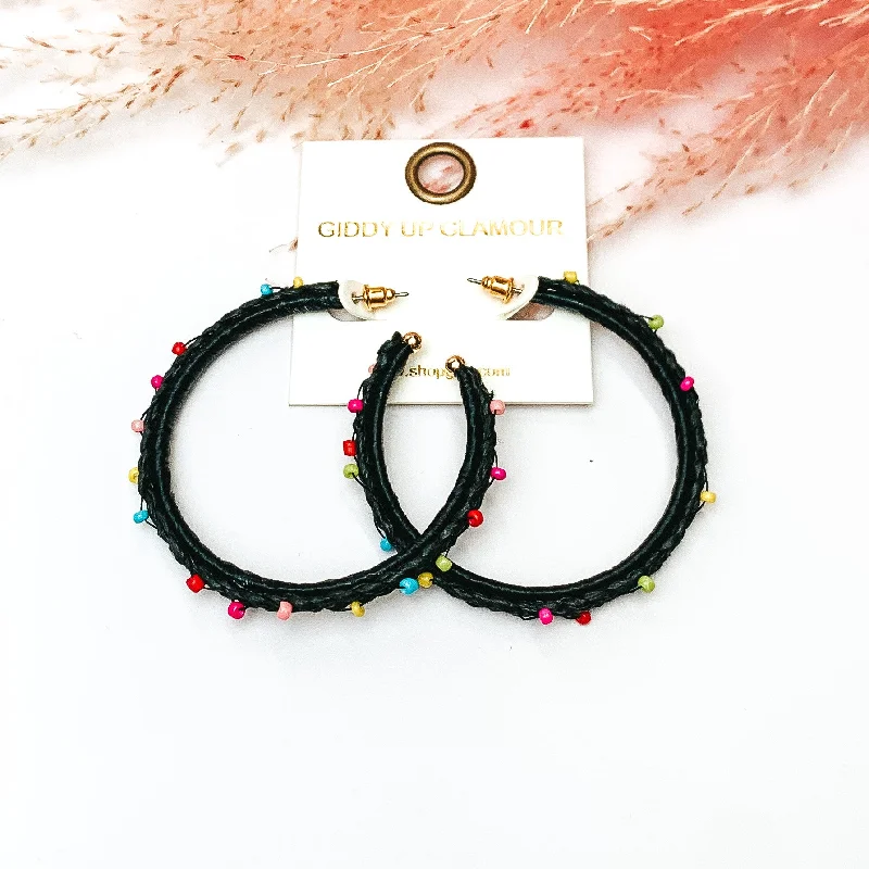 Modern Earrings for Teens-Summer Love Raffia Braided Hoop Earrings with Multicolor Beads in Black