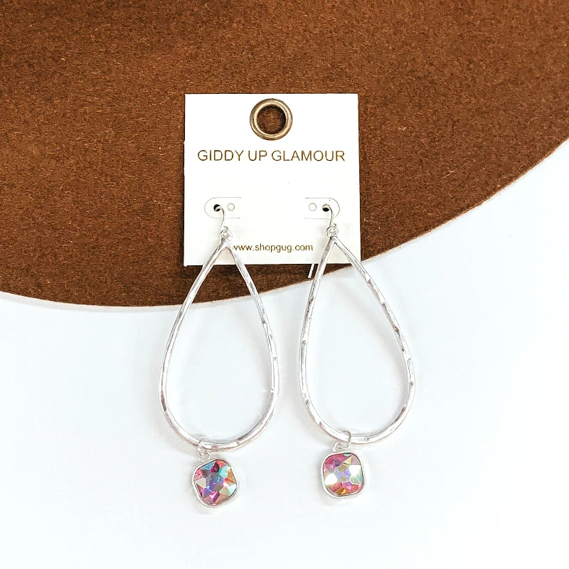 Statement Earrings for Evening-Large Hammered Teardrop Earrings with AB Hanging Crystal in Silver