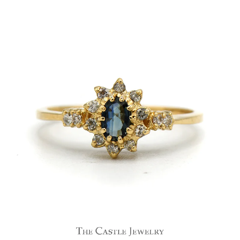 Sparkling Gold Engagement Ring-Oval Cut Sapphire Ring With Diamond Halo And Sides .10CTTW In 14KT Yellow Gold