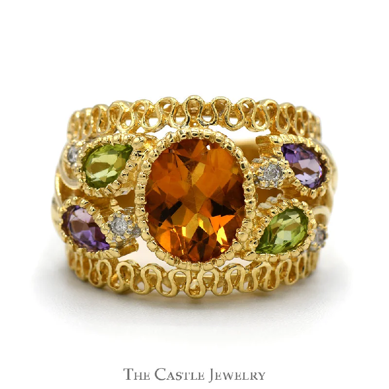 Luxury Engagement Ring Set-Oval Citrine Ring with Pear Cut Amethyst and Peridot with Diamond Accents in 14k Yellow Gold