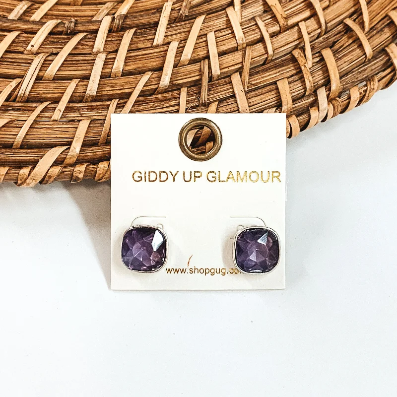 Crystal Drop Earrings-Silver Tone Square Stud Earrings with Crystals in Purple