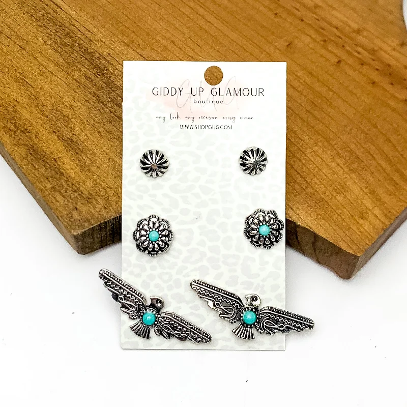 Retro Earrings for Women-Set Of Three | Silver Tone Designed Earrings With Turquoise Blue Stones