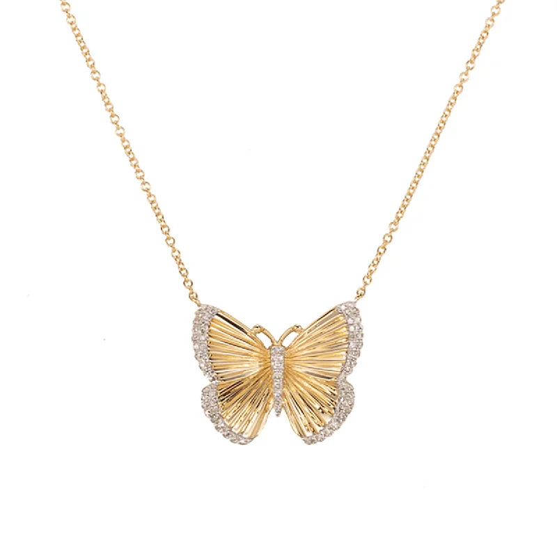 Simple Beaded Necklace-Pleated Double Diamond Trim Butterfly Necklace