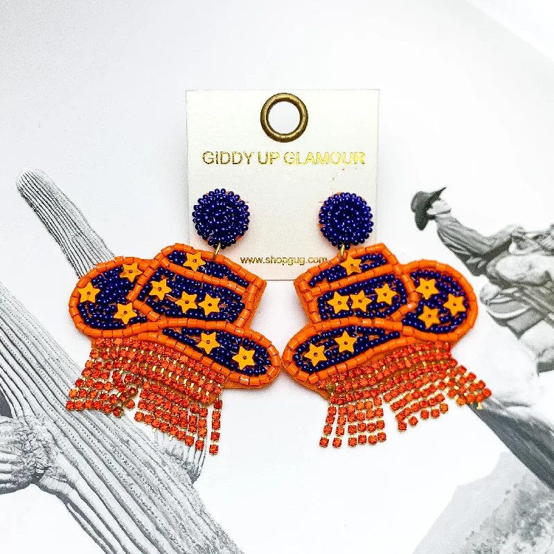 Modern Silver Earrings-Gameday Beaded Cowboy Hat Earrings with Orange Crystal Fringe in Orange and Navy