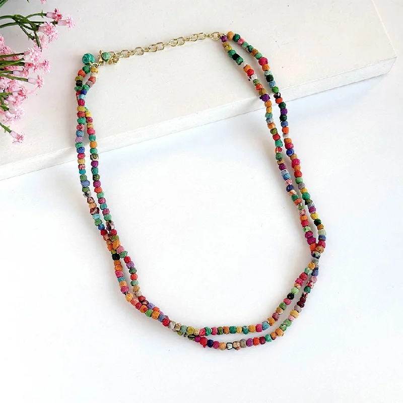 Silver Chain Necklace-Recycled Sari Two Strand Necklace, India