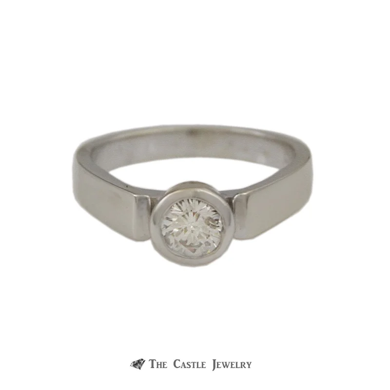 Vintage Engagement Ring with Diamonds-Bezel Set Round Brilliant Cut Diamond Engagement Ring with Cathedral Mounting in 14K White Gold