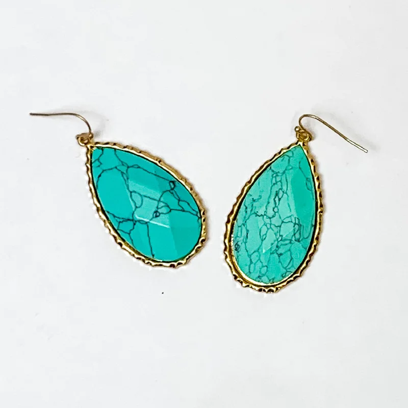 Simple Hoop Earrings-Gold Tone Teardrop Faux Stone Earrings in Turquoise