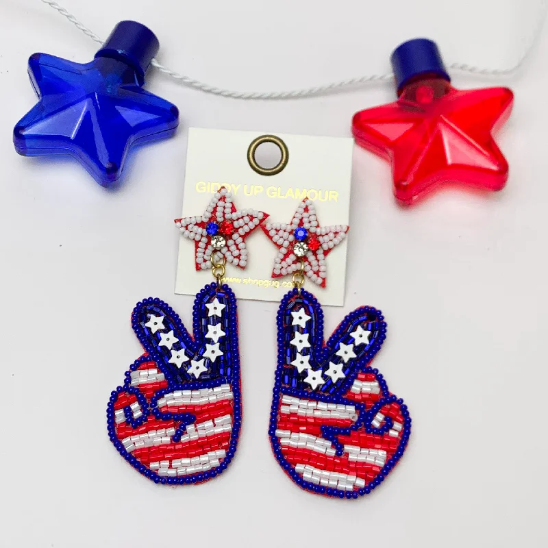 Cute Stud Earrings for Teenagers-Peace Sign Beaded USA Themed Earrings