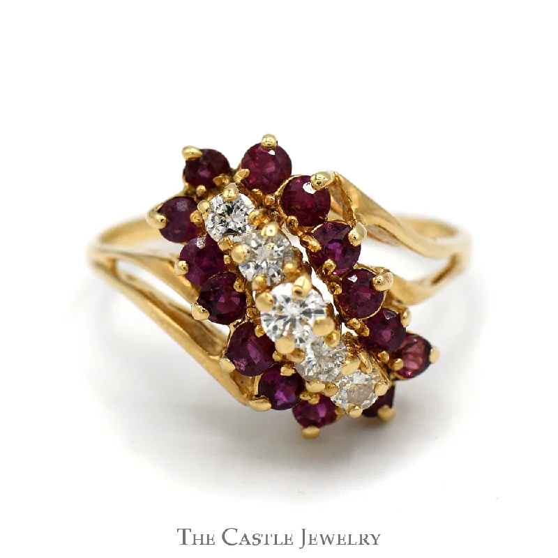 Modern Engagement Ring-Diamond & Ruby Waterfall Cocktail Cluster Ring in 14k Yellow Gold Split Shank Setting