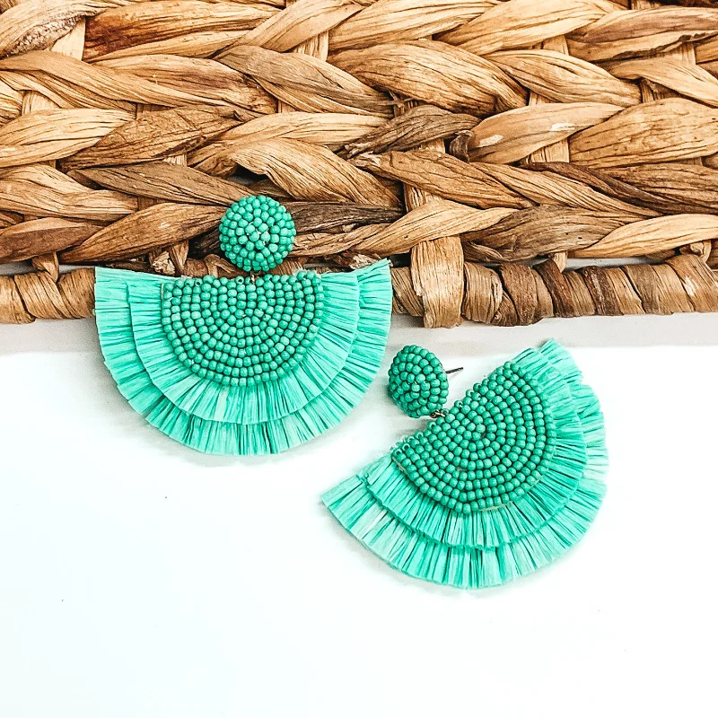 High-Quality Diamond Earrings-Sunkissed Half Circle Beaded Earrings with Raffia Fringe in Turquoise