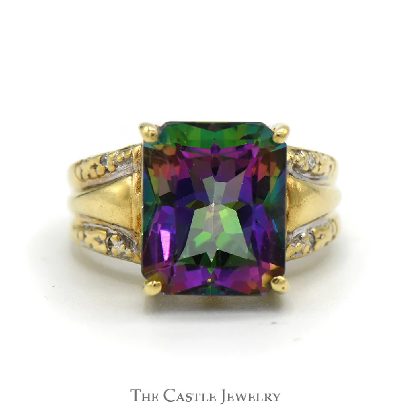 Bold Engagement Ring-Emerald Cut Mystic Topaz Ring with Diamond Accented Sides in 10k Yellow Gold