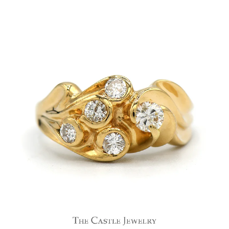 Custom Engagement Ring for Couple-5 Round Diamond Freeform Cluster Ring in 14k Yellow Gold