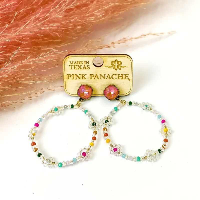 Gemstone Stud Earrings-Pink Panache | Orange Delite Cushion Cut Post Back Earrings with Multicolor and Clear Beaded Flowers