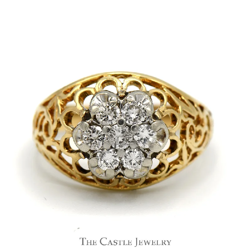 Vintage Wedding Band-1/2cttw 7 Stone Kentucky Diamond Cluster Ring with Filigree Sides in 14k Yellow Gold