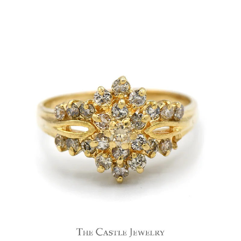 Unique Wedding Ring Set-3/4cttw Flower Shaped Diamond Cluster Ring with Split Shank Sides in 14k Yellow Gold