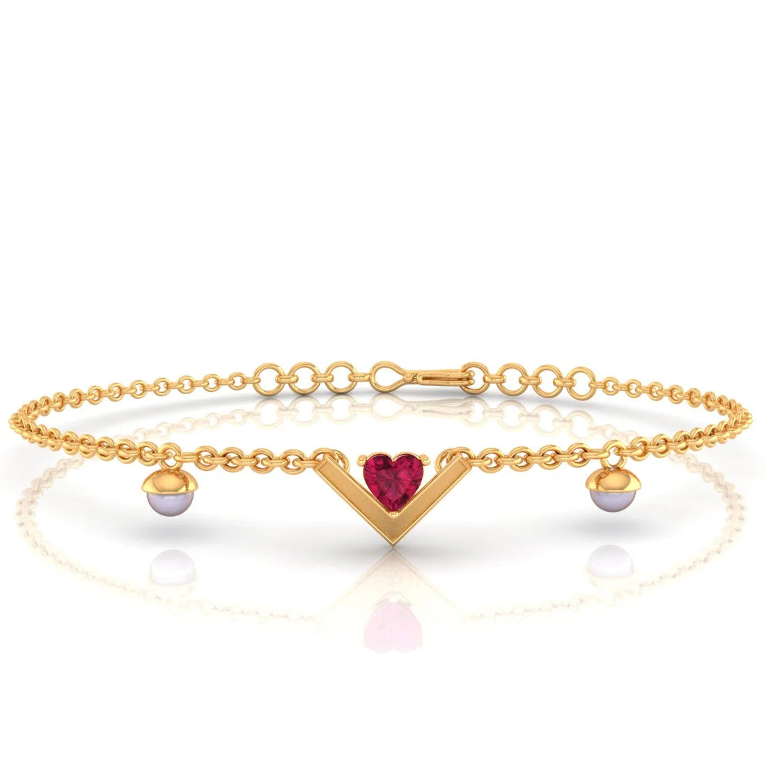 Simple Leather Bracelet for Women-22K (916) Gold Bracelet With Heart Motif Set On A V Shape And Embedded Pearls