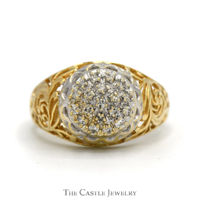 Personalized Diamond Engagement Ring-Diamond Kentucky Cluster Ring with Open Filigree Sides in 10k Yellow Gold