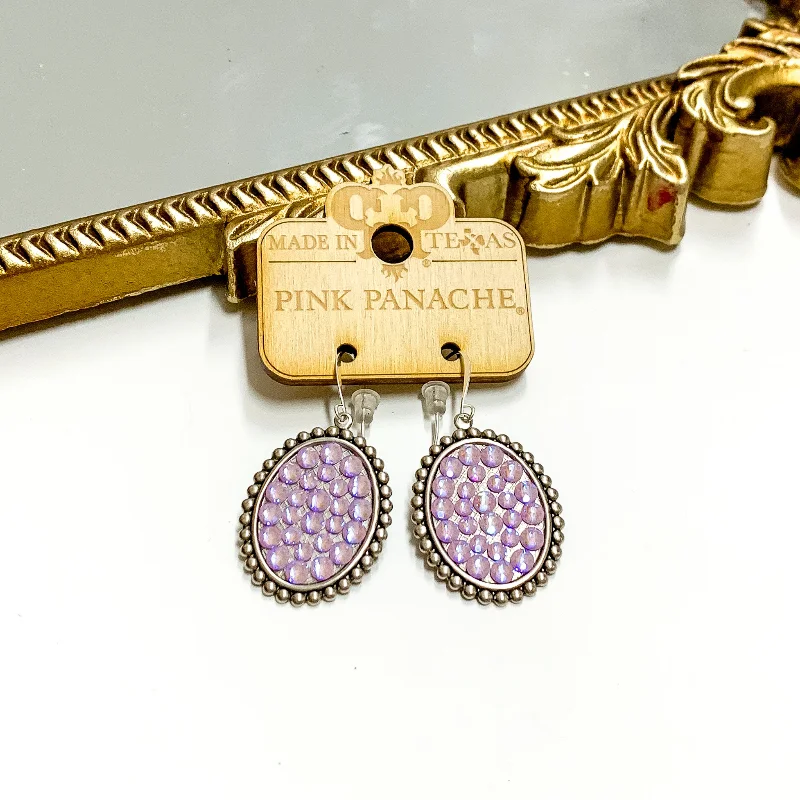 Trendy Dangle Earrings-Pink Panache | Small Silver Tone Oval Earrings with Lavender Crystals