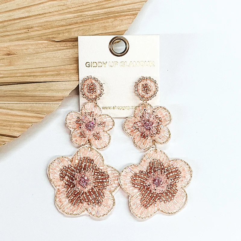 Chic Dangle Earrings-Beaded Two Tiered Flower Earrings in Light Pink