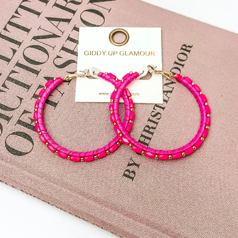 Personalized Name Earrings-Circle Beaded Hoop Earrings with Gold Tone Spacers in Hot Pink