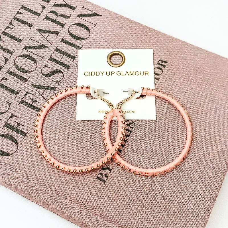 Elegant Long Earrings-Circle Gold Tone Beaded Hoop Earrings in Light Pink