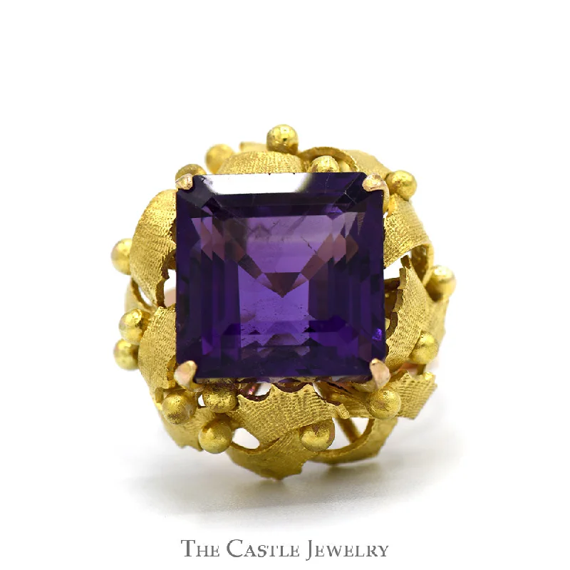 Modern Sapphire Engagement Ring-Square Cut Amethyst Ring with Brushed Leaf Inspired Bezel in 14k Yellow Gold