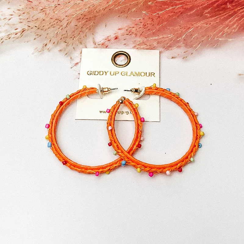 Dazzling Gold Earrings-Summer Love Raffia Braided Hoop Earrings with Multicolor Beads in Orange