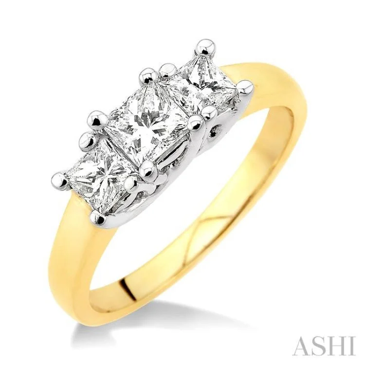 Luxury Engagement Ring Set-1 Ctw Three Stone Princess Cut Diamond Ring in 14K Yellow and White Gold