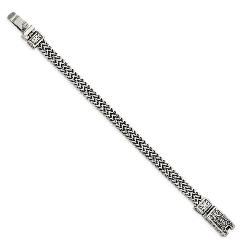 Elegant Diamond Bracelet-Stainless Steel Antiqued and Polished 2-Strand Franco Link 8.5in Bracelet