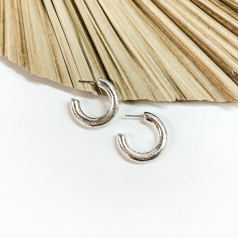 Unique Pearl Earrings-Clean Slate Small Hoop Earrings in Worn Silver Tone