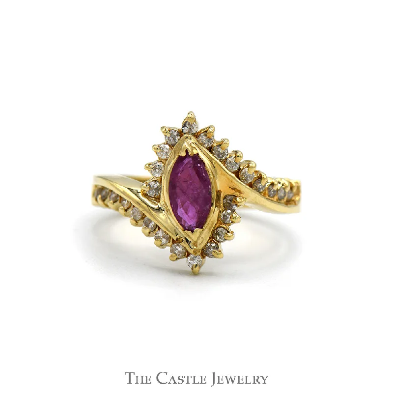 Luxury Gold Ring-Marquise Cut Ruby Ring with Diamond Accented Sides in 14k Yellow Gold Bypass Mounting