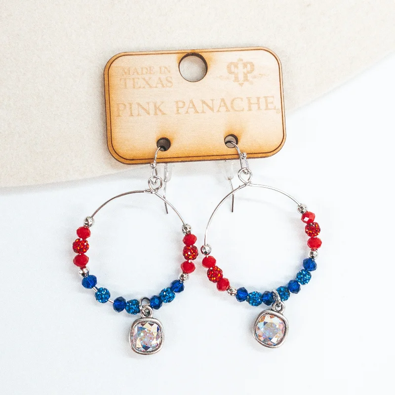 Funky Earrings for Teens-Pink Panache | Silver Hoop Earrings with Red, White, and Blue Crystalized Beads with Hanging AB Crystal