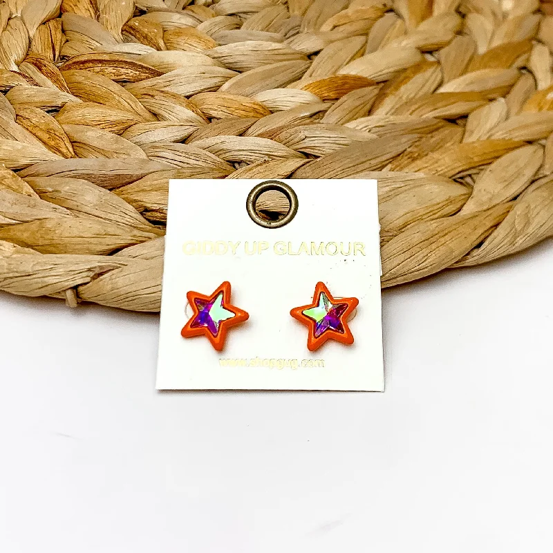 Unique Wedding Earrings-Star Stud Earrings in Orange With AB Crystals