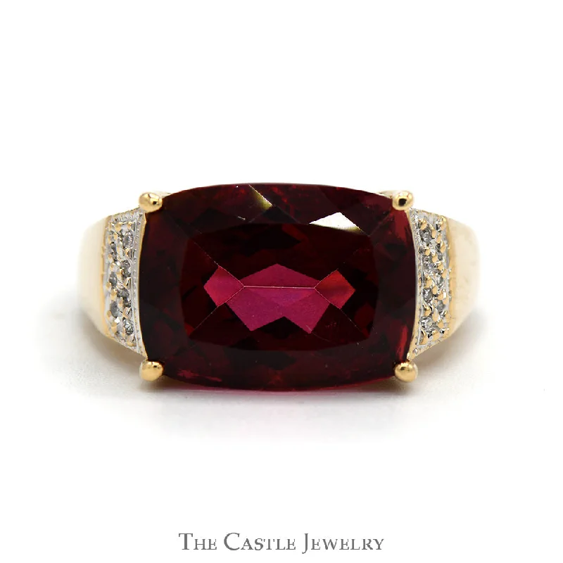 Customizable Wedding Band Set-Elongated Cushion Cut Ruby Ring with Diamond Accented Sides in 10k Yellow Gold