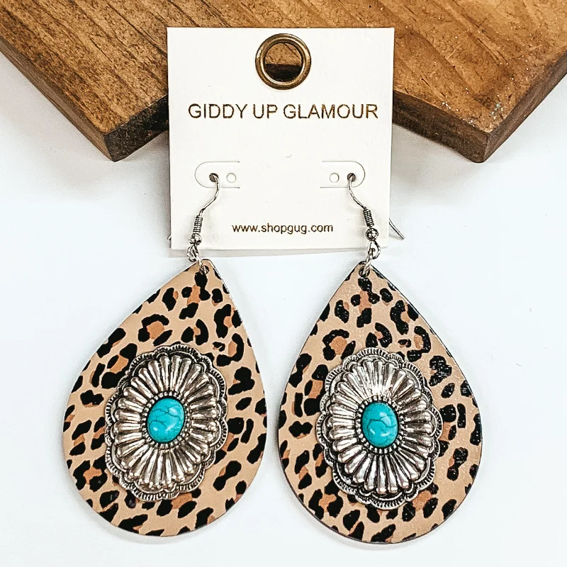 Handmade Earrings for Weddings-Teardrop Earrings with Silver Concho and  Center Turquoise Stone in Cheetah Print