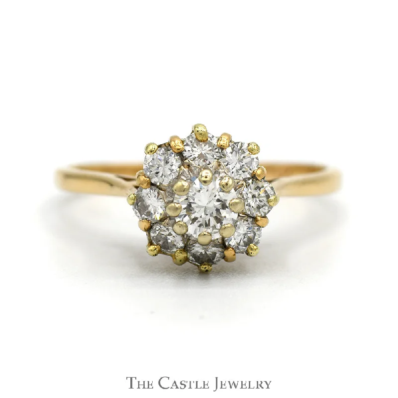 Custom Gold Ring-3/4cttw 9 Round Diamond Flower Cluster Ring in 14k Yellow Gold